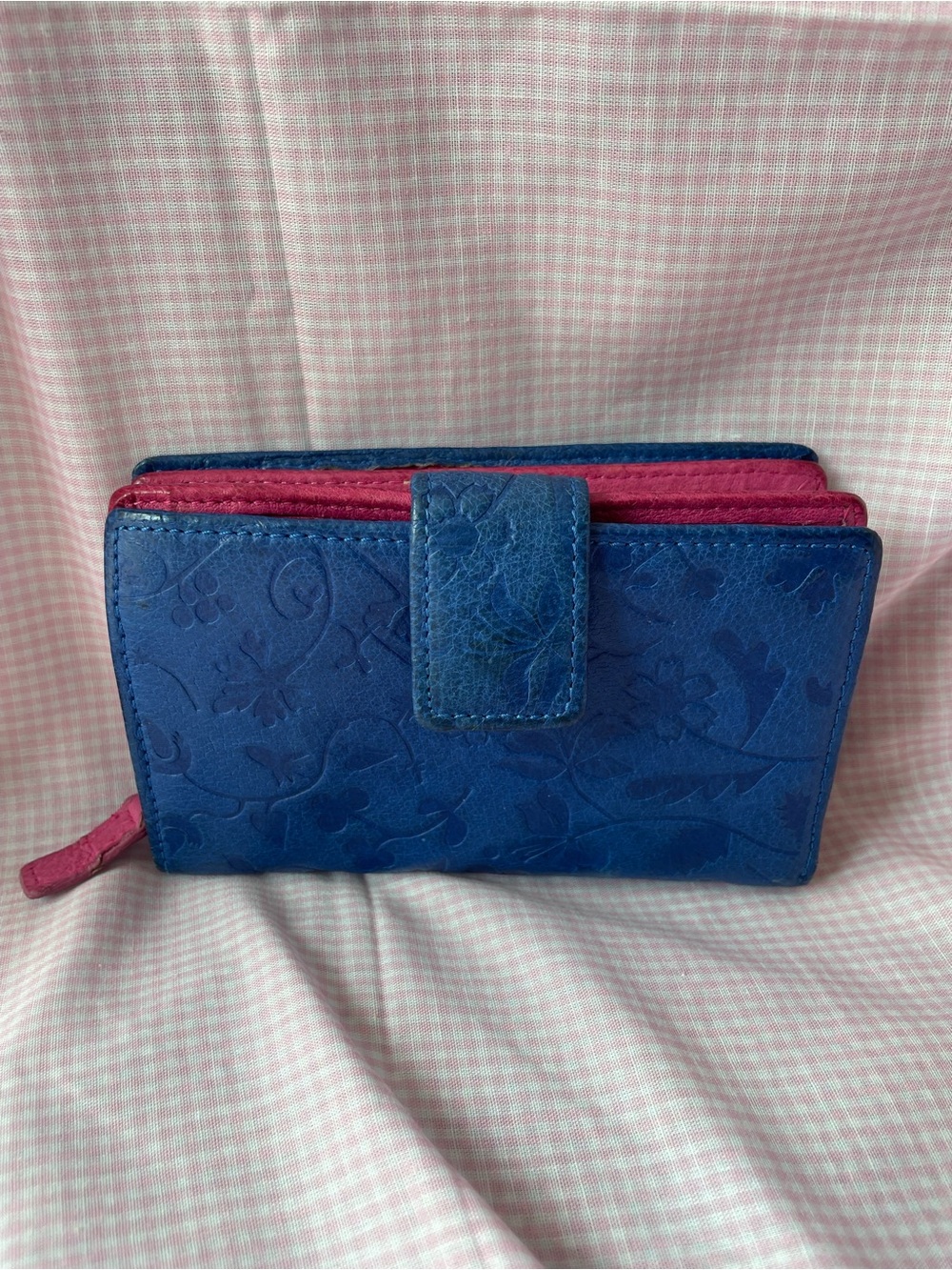 Danier Blue Floral Embossed Wallet with Pink Accents